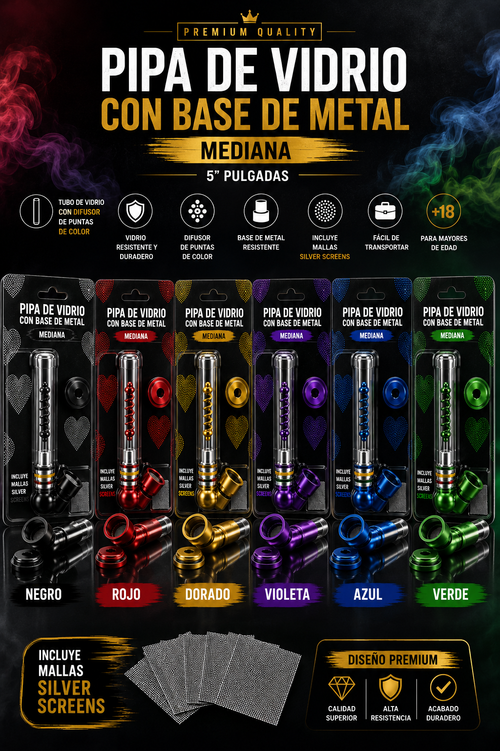 Pipas de metal y vidrio mediana de 5” con ball bullet set 2pcs