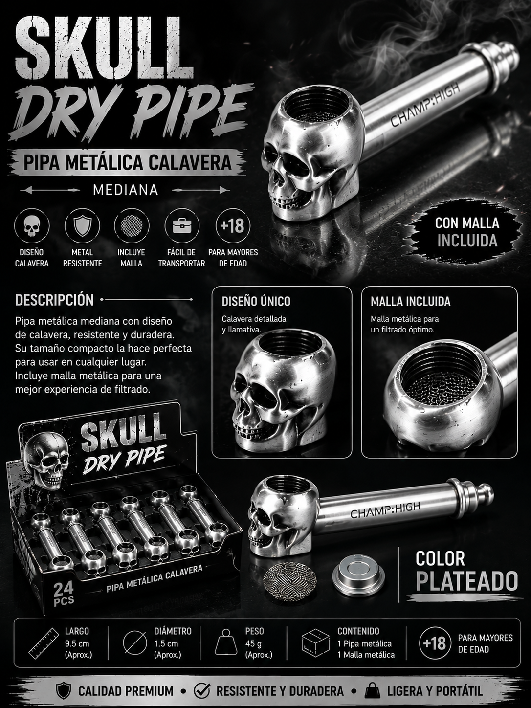 Pipas metalicas diseño de Calavera Mediana
