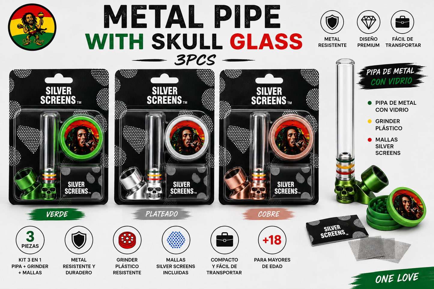 Pipas De mental y cristal pequeña Kit 3pcs