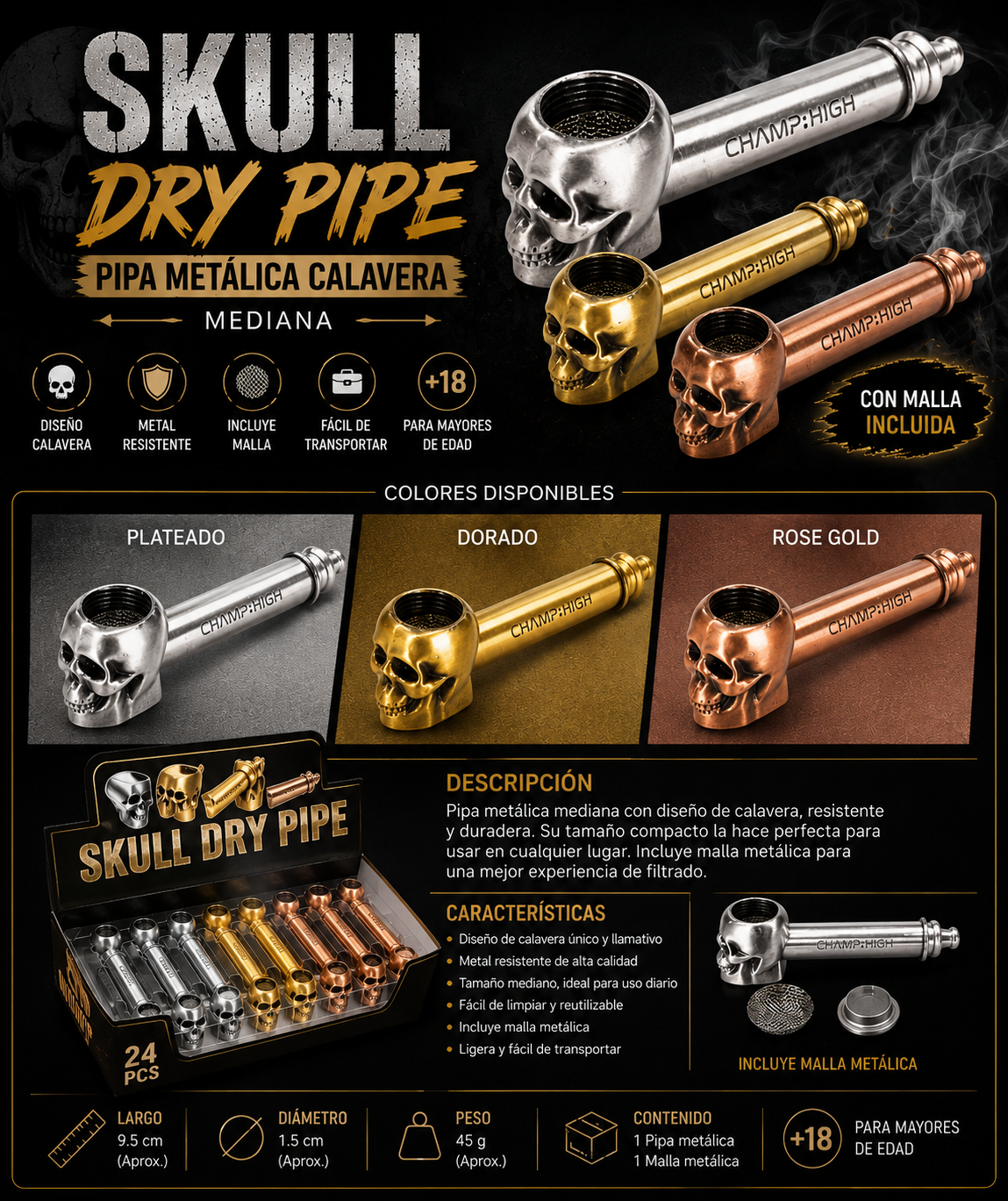Pipas metalicas diseño de Calavera Mediana